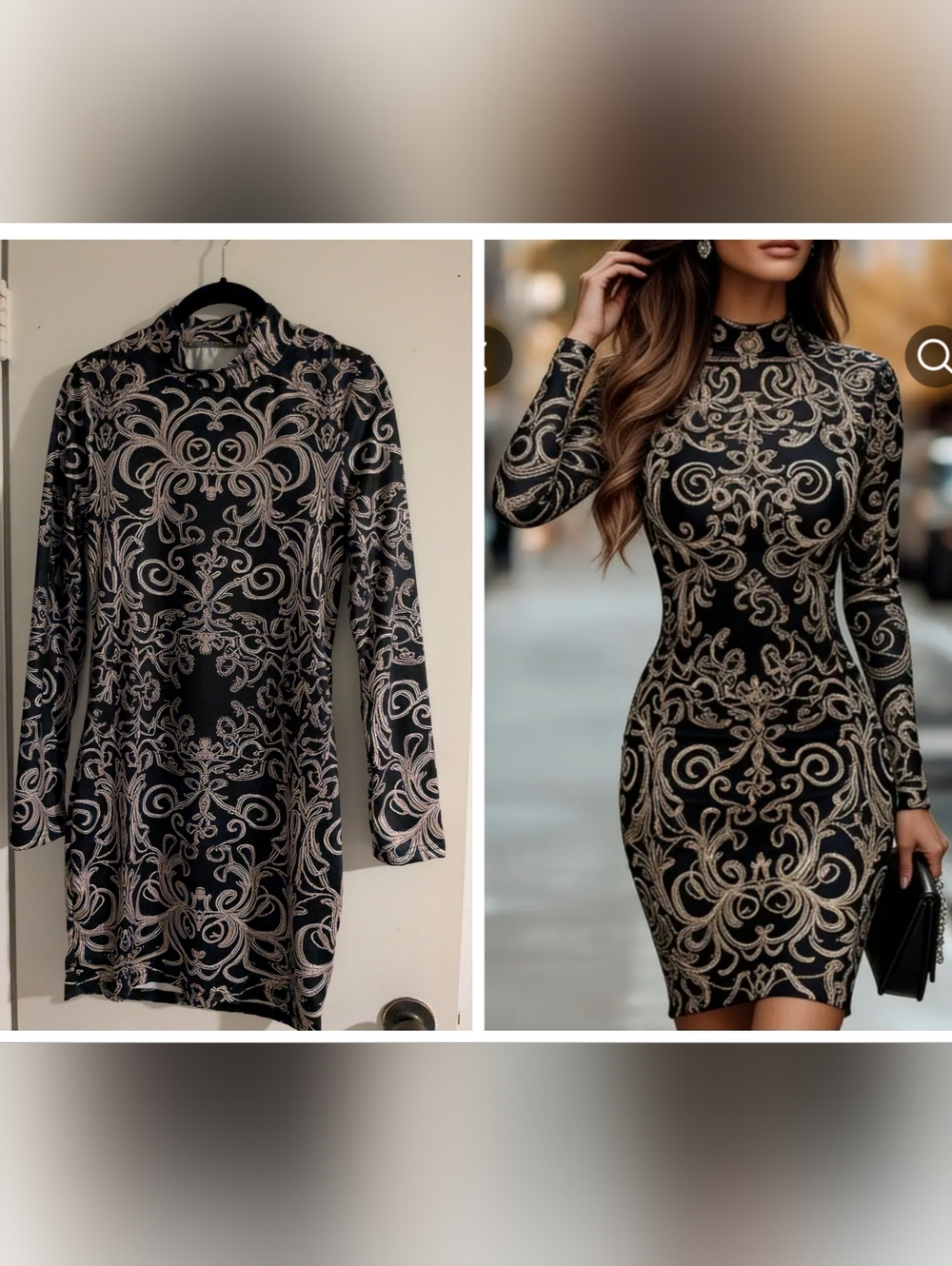 Black & silver Long Sleeve Bodycon Dress with Ornate Scroll Pattern